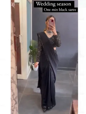 1 Min Saree Ready to Wear Black Chiffon Zari Sari