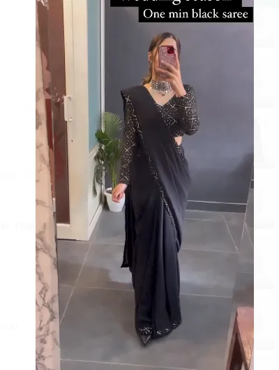 1 Min Saree Ready to Wear Black Chiffon Zari Sari