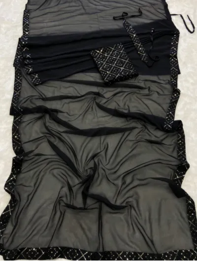 1 Min Saree Ready to Wear Black Chiffon Zari Sari