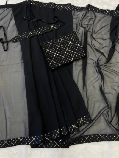 1 Min Saree Ready to Wear Black Chiffon Zari Sari