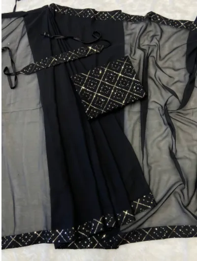 1 Min Saree Ready to Wear Black Chiffon Zari Sari