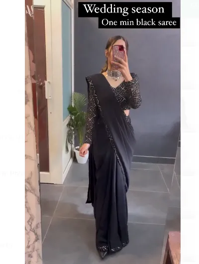 1 Min Saree Ready to Wear Black Chiffon Zari Sari