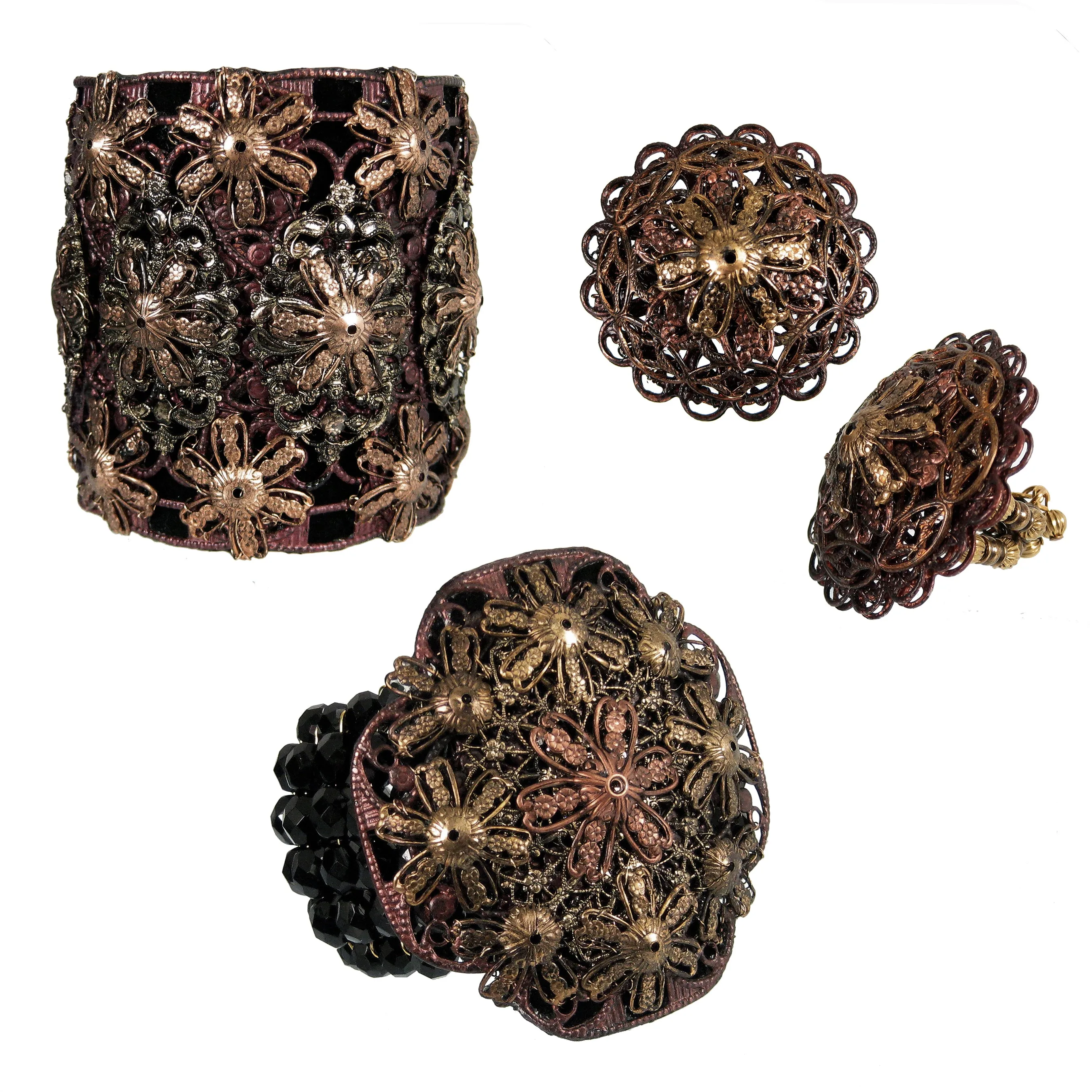 #1048b Gold/Copper Tone Filigree Embellished Black Leather Cuff Bracelet