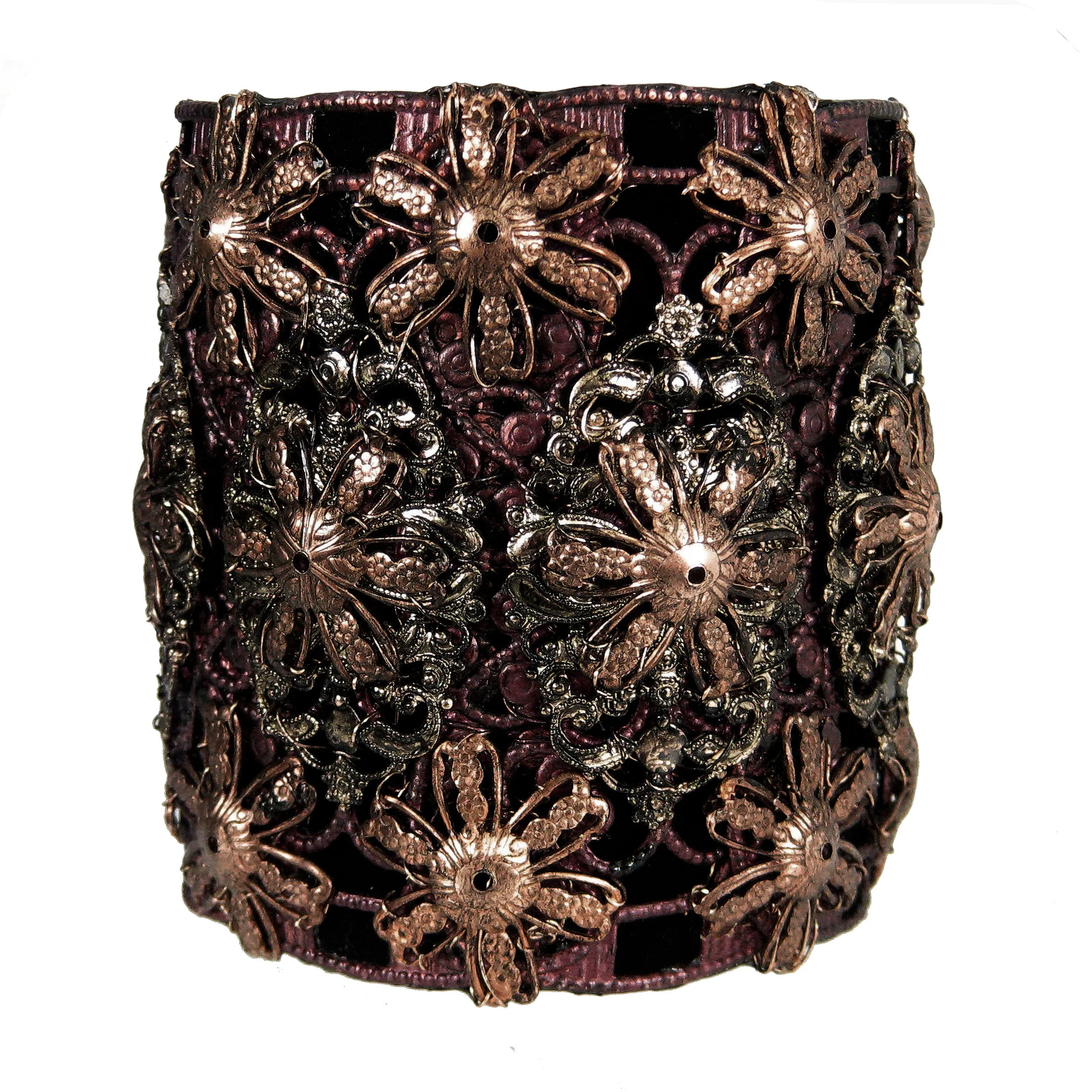 #1048b Gold/Copper Tone Filigree Embellished Black Leather Cuff Bracelet