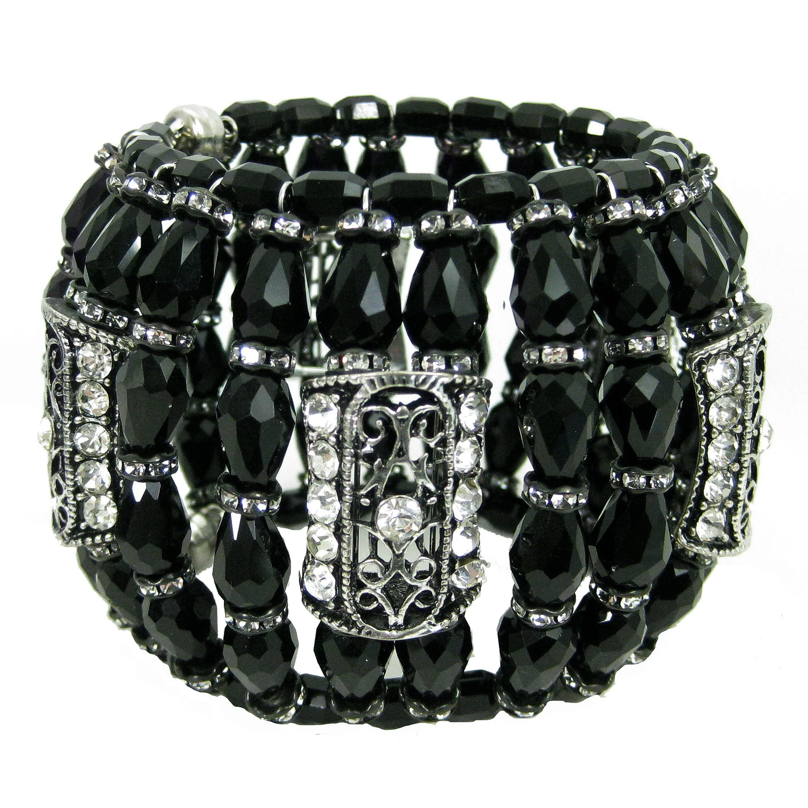 #1050b Jet Glass Bead, Silver Filigree & Rhinestone Cuff Bracelet