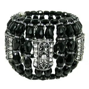 #1050b Jet Glass Bead, Silver Filigree & Rhinestone Cuff Bracelet
