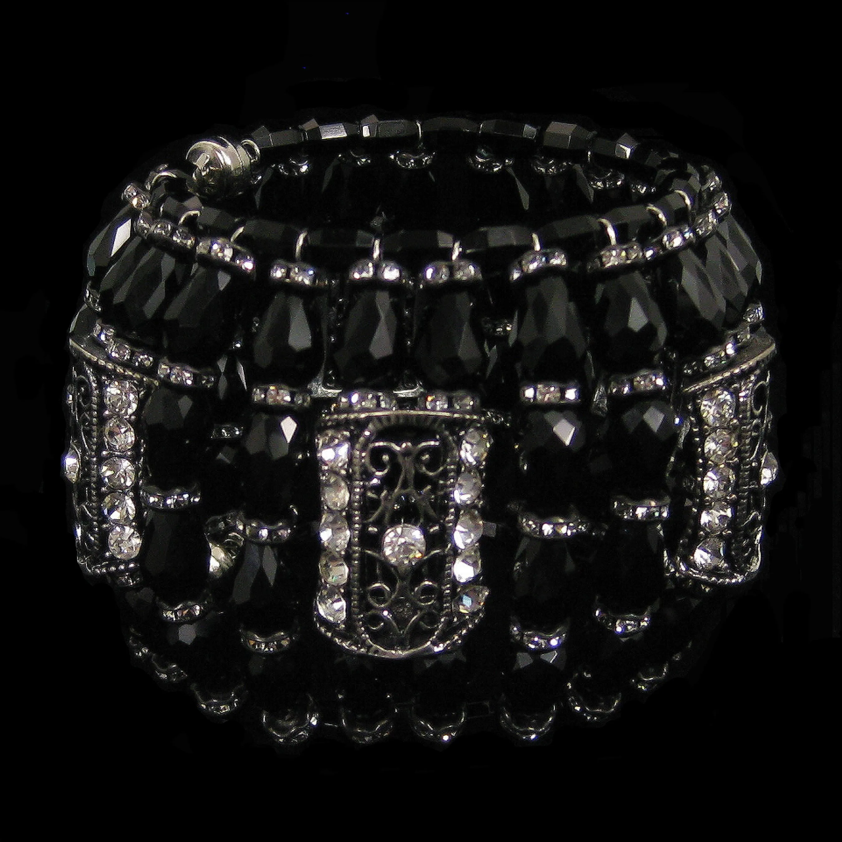 #1050b Jet Glass Bead, Silver Filigree & Rhinestone Cuff Bracelet