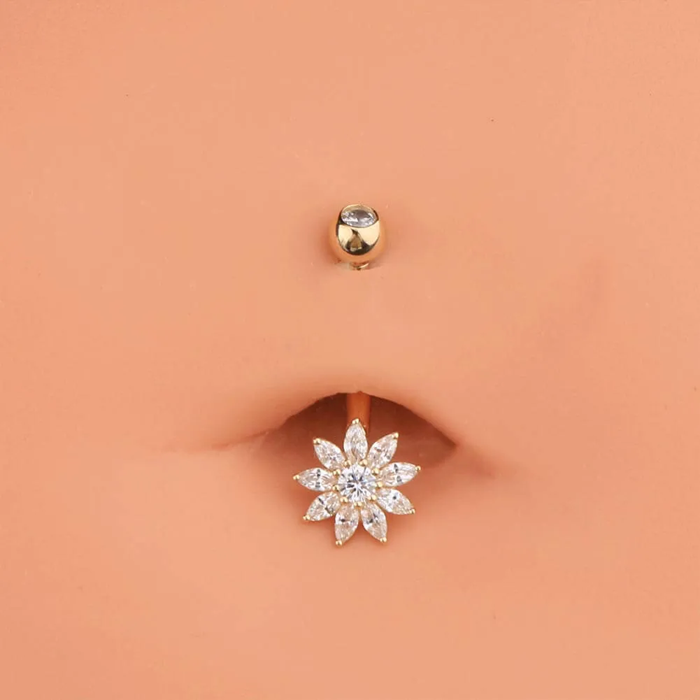 14K Gold Clear CZ Flower Belly Ring 14G Belly Button Ring