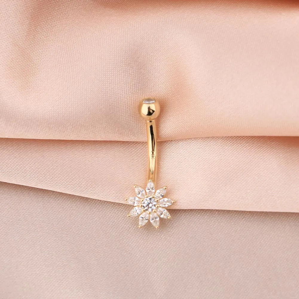 14K Gold Clear CZ Flower Belly Ring 14G Belly Button Ring