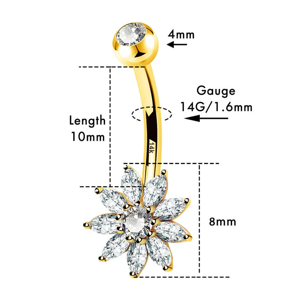 14K Gold Clear CZ Flower Belly Ring 14G Belly Button Ring