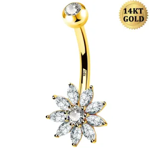 14K Gold Clear CZ Flower Belly Ring 14G Belly Button Ring