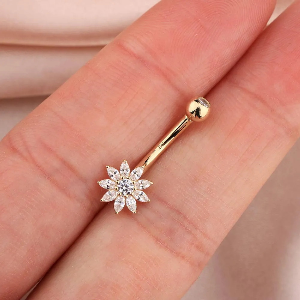 14K Gold Clear CZ Flower Belly Ring 14G Belly Button Ring