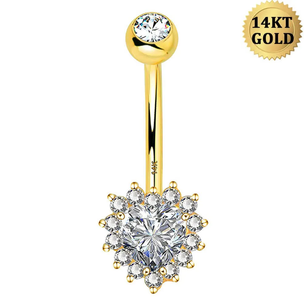 14K Gold Clear CZ Heart Belly Ring 14G Belly Button Ring