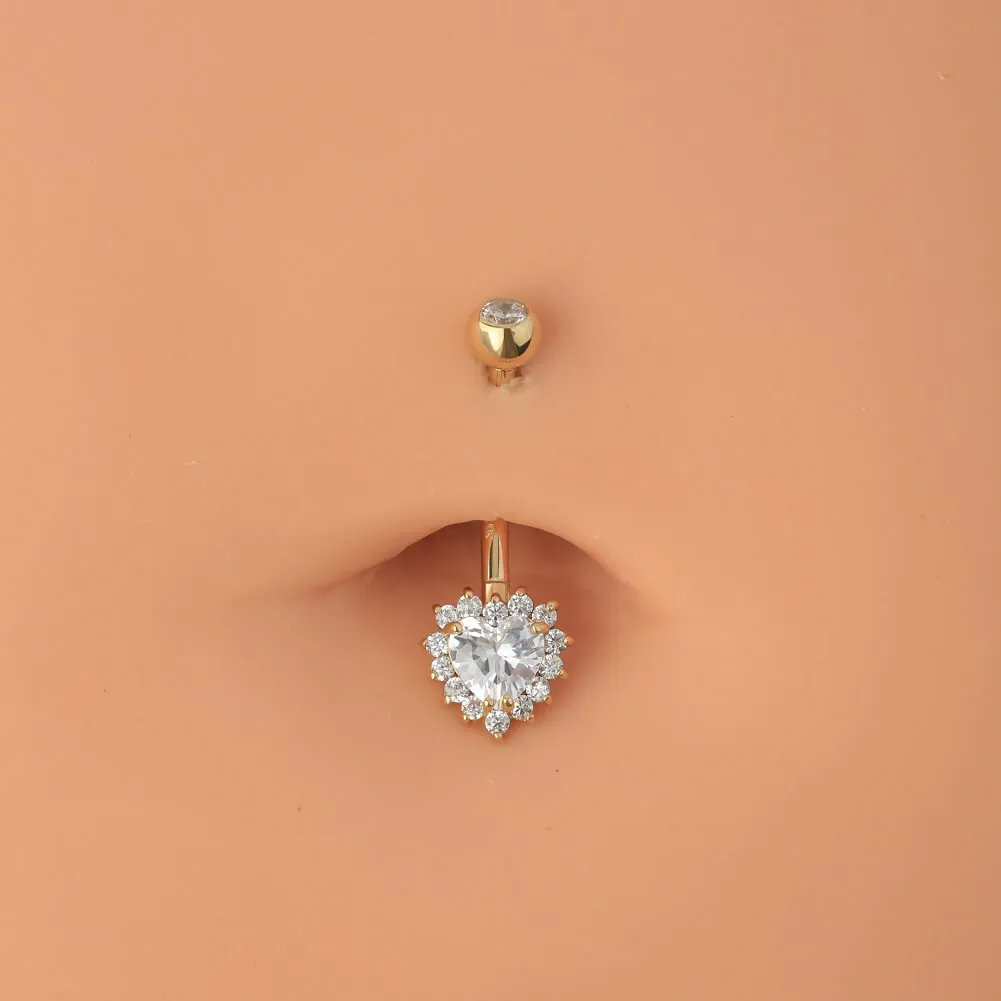 14K Gold Clear CZ Heart Belly Ring 14G Belly Button Ring