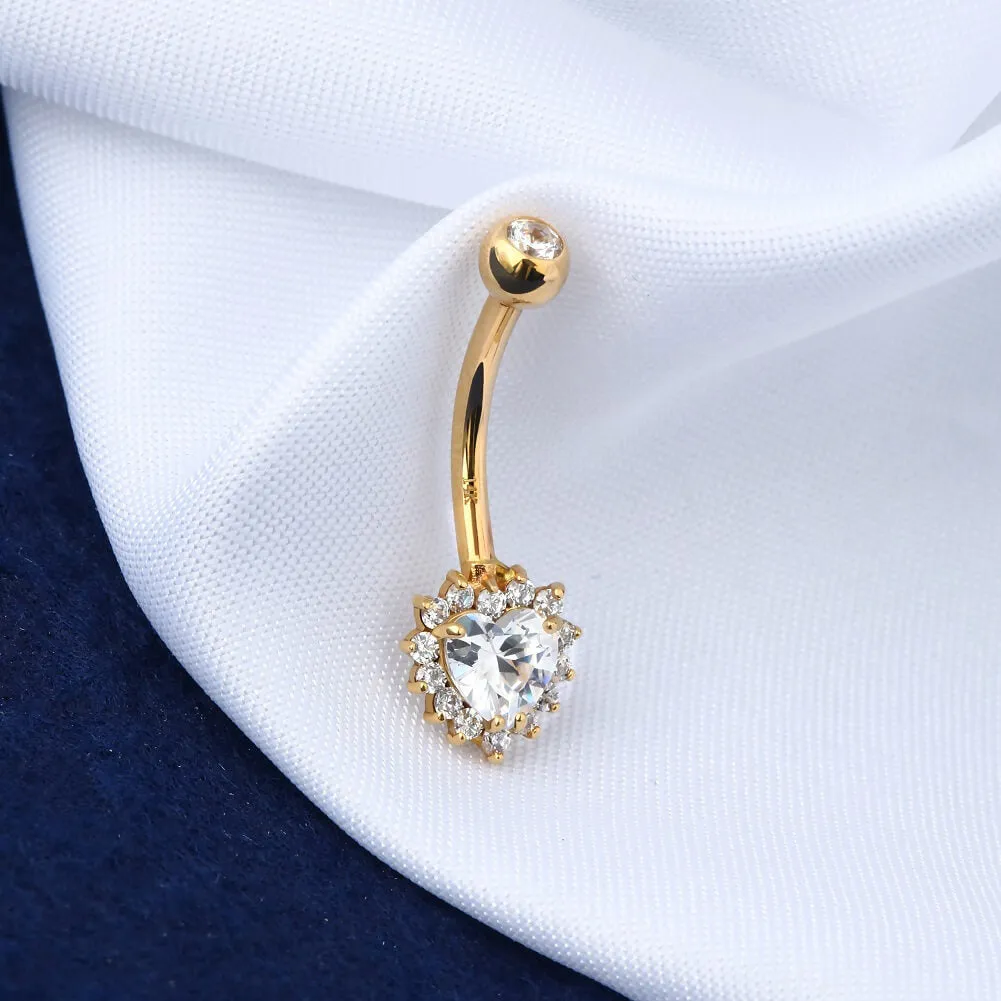 14K Gold Clear CZ Heart Belly Ring 14G Belly Button Ring