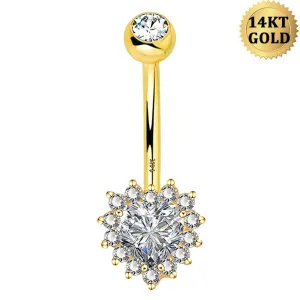 14K Gold Clear CZ Heart Belly Ring 14G Belly Button Ring