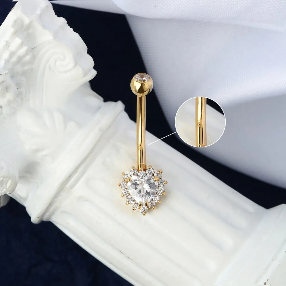 14K Gold Clear CZ Heart Belly Ring 14G Belly Button Ring