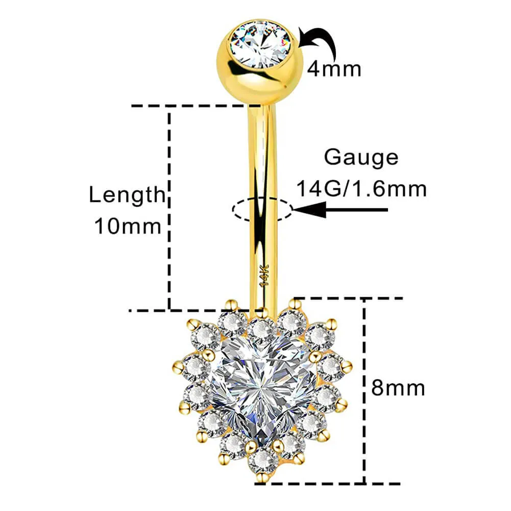 14K Gold Clear CZ Heart Belly Ring 14G Belly Button Ring
