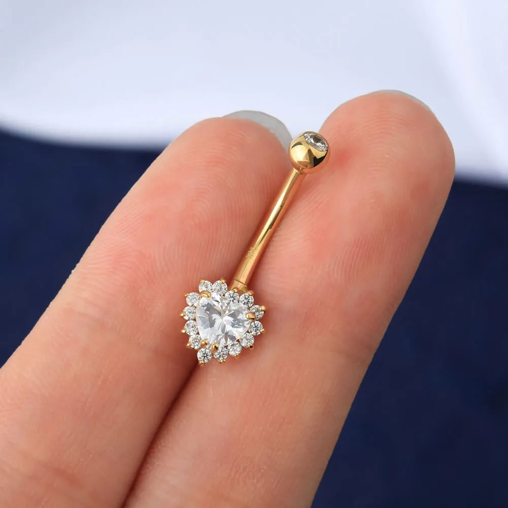 14K Gold Clear CZ Heart Belly Ring 14G Belly Button Ring