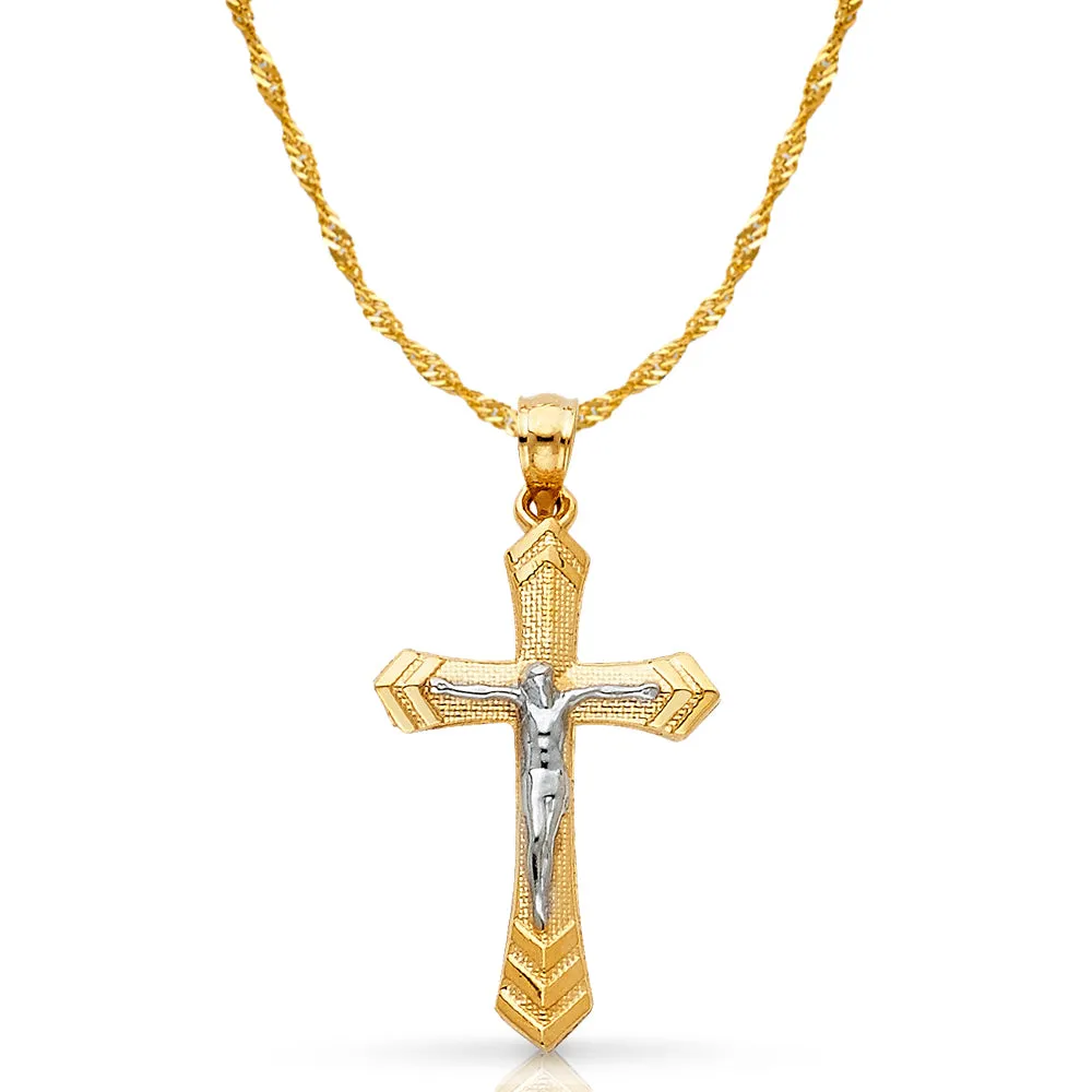 14K Gold Crucifix Cross Pendant with 1.2mm Singapore Chain