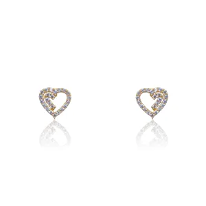 14k Gold Open Heart Earrings With CZ Border & Inner Partial CZ Accent