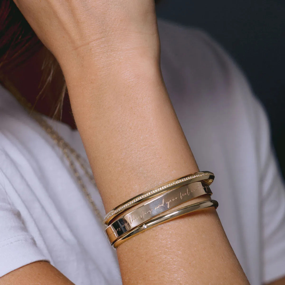 14k keep your eyes on the stars and your feet on the ground Mantra Wide Cuff Bracelet