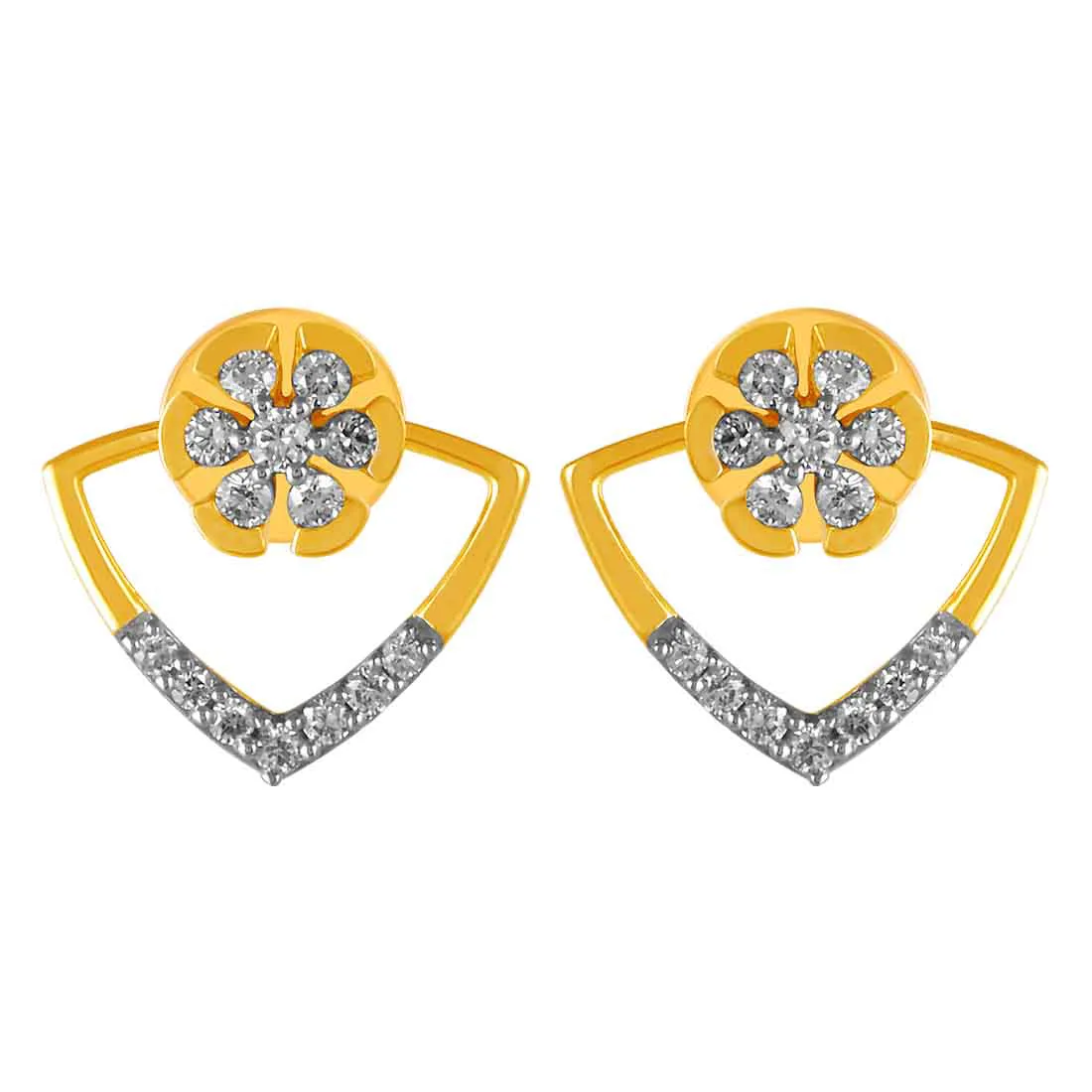 14KT (585) Yellow Gold & Diamond Floral Design Stud Earrings
