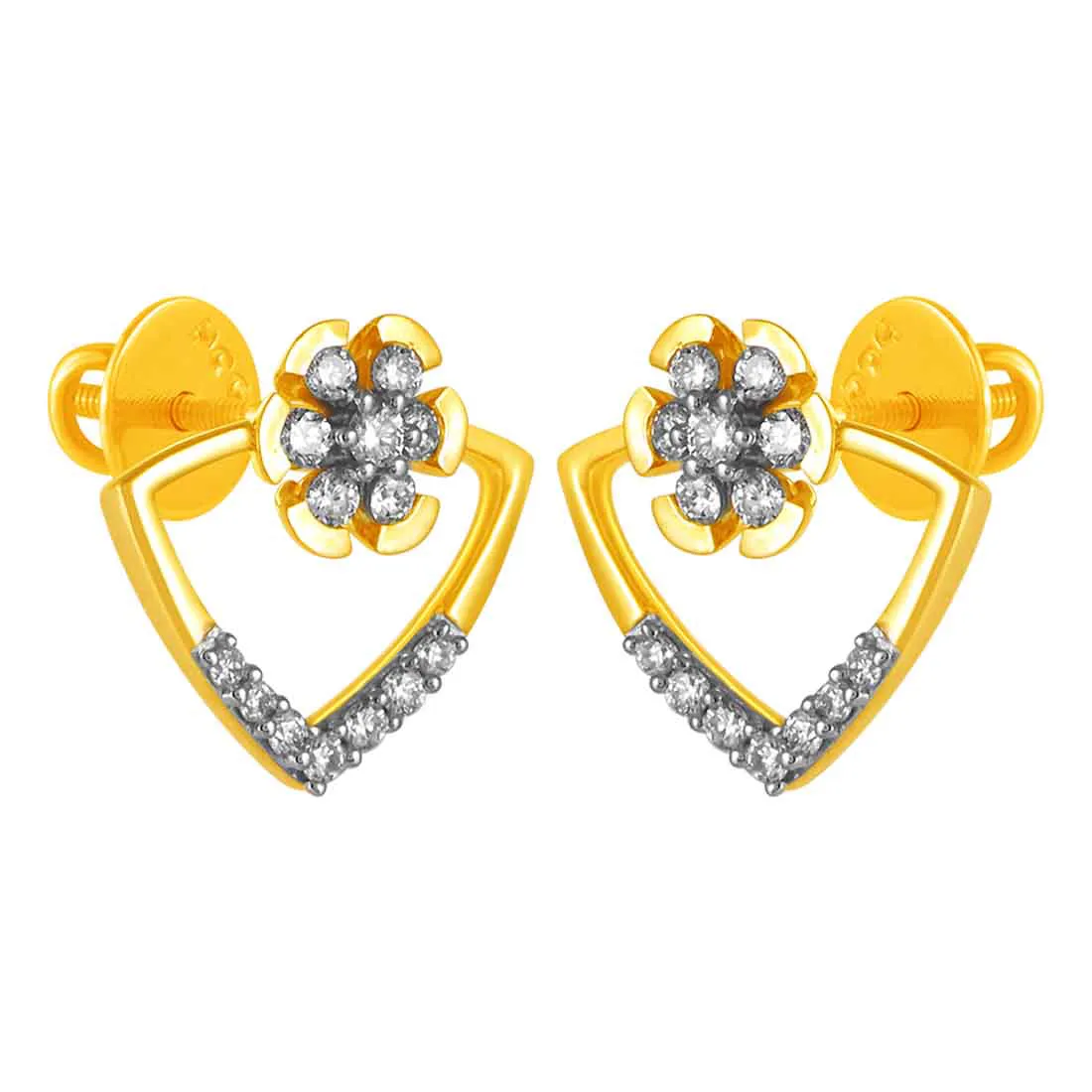 14KT (585) Yellow Gold & Diamond Floral Design Stud Earrings