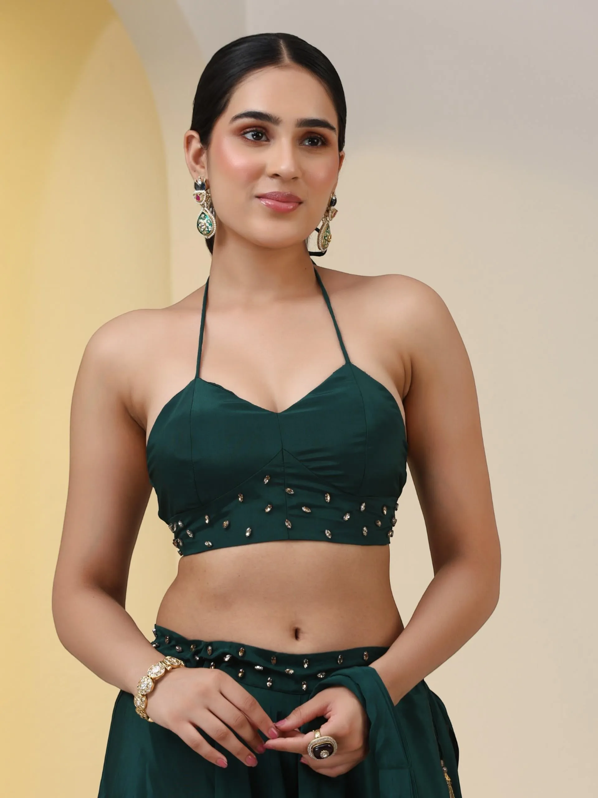2 pc SET - Heathify Crepe Sharara Saree with Beads on Blouse Fabric and Waist Band