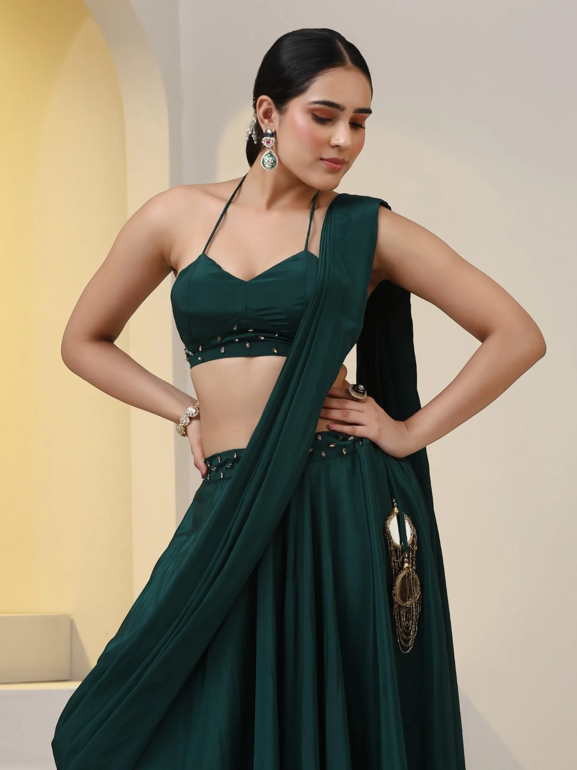 2 pc SET - Heathify Crepe Sharara Saree with Beads on Blouse Fabric and Waist Band
