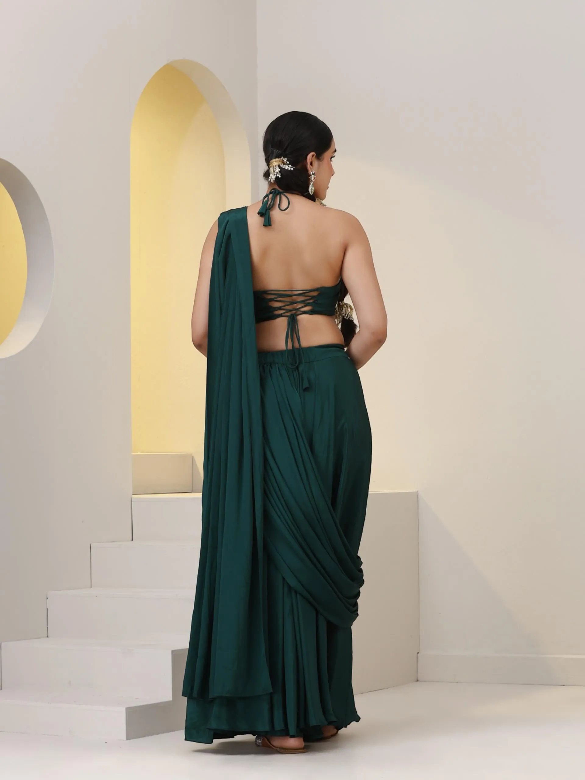 2 pc SET - Heathify Crepe Sharara Saree with Beads on Blouse Fabric and Waist Band