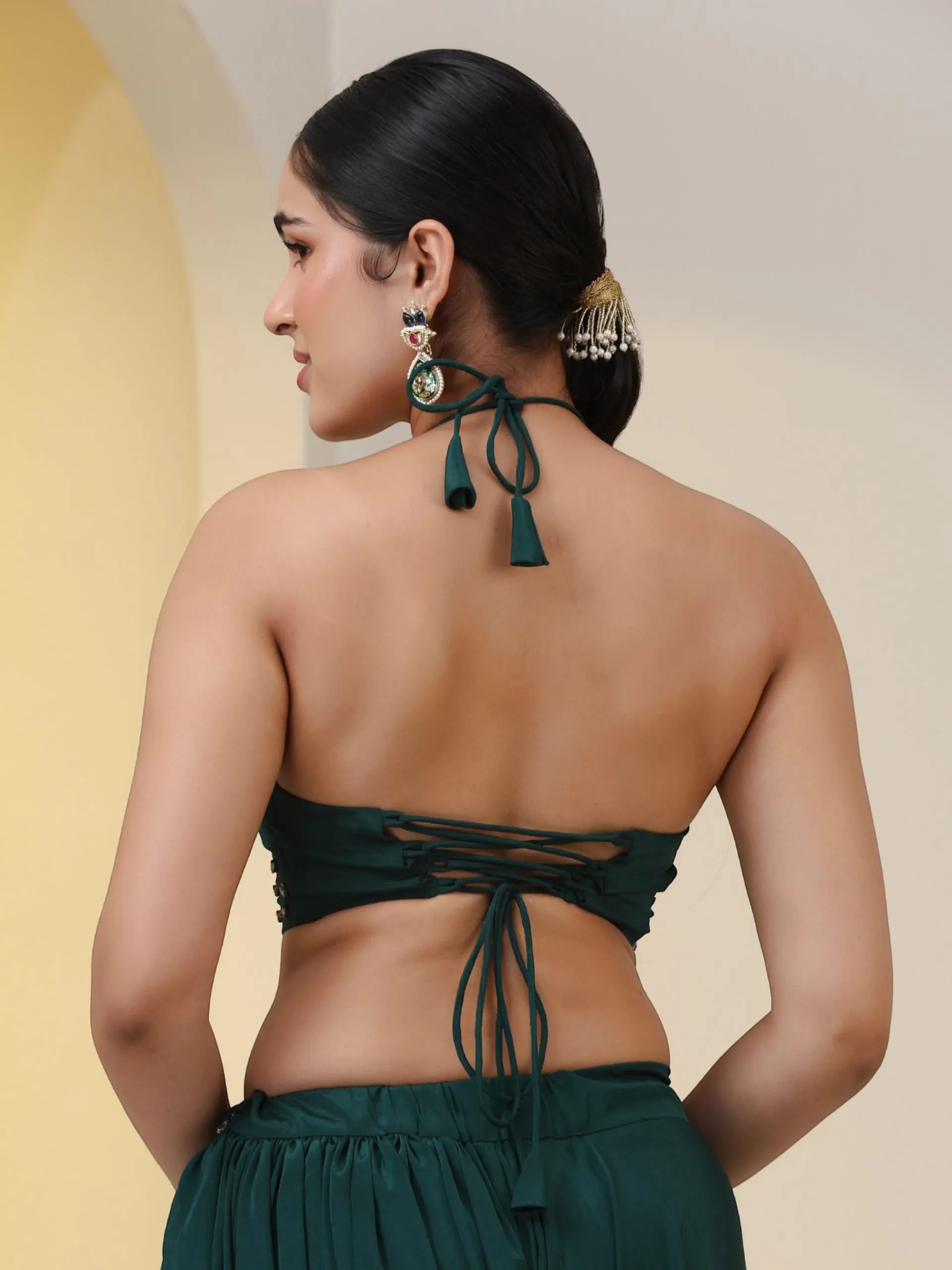 2 pc SET - Heathify Crepe Sharara Saree with Beads on Blouse Fabric and Waist Band