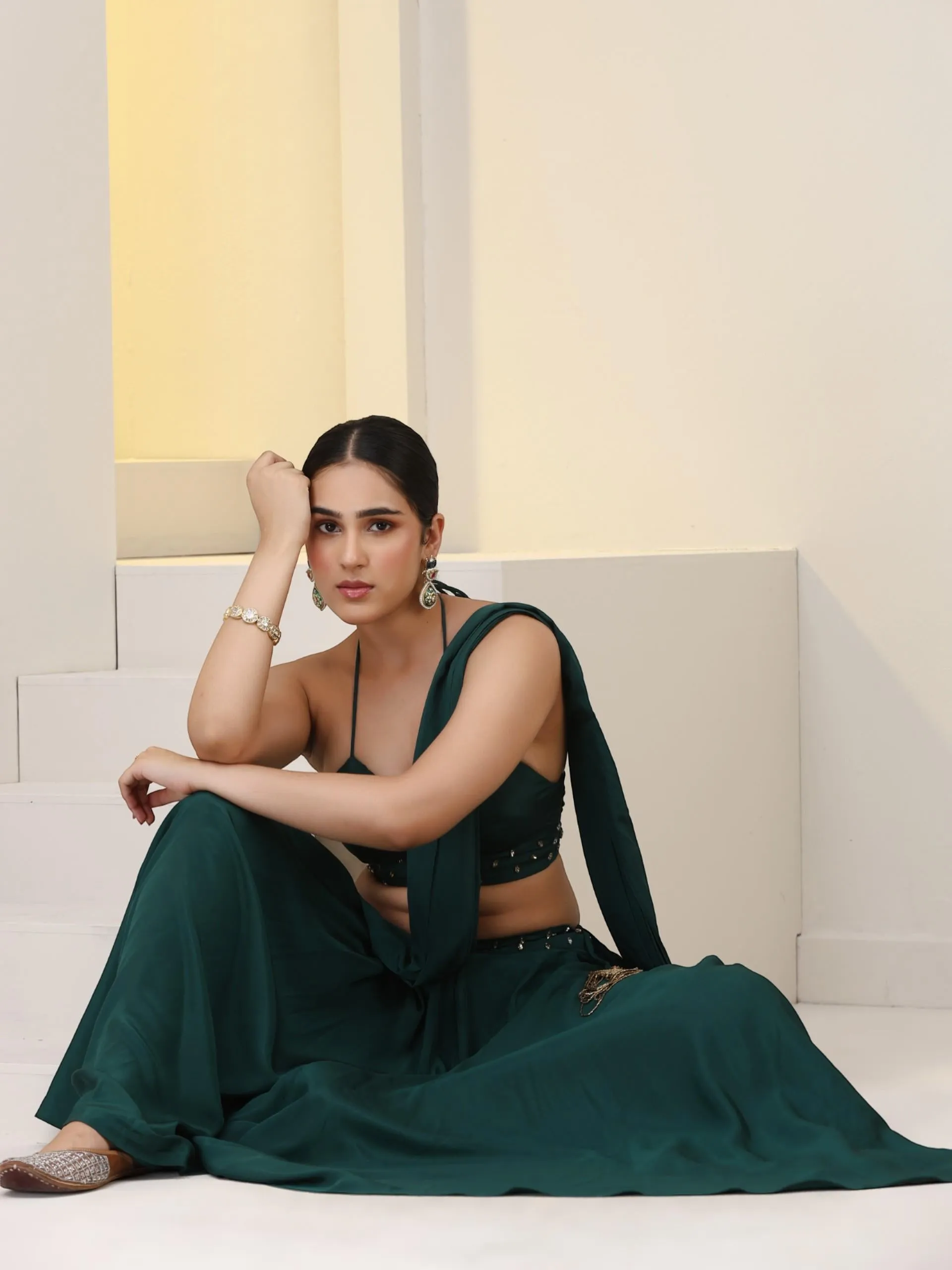 2 pc SET - Heathify Crepe Sharara Saree with Beads on Blouse Fabric and Waist Band