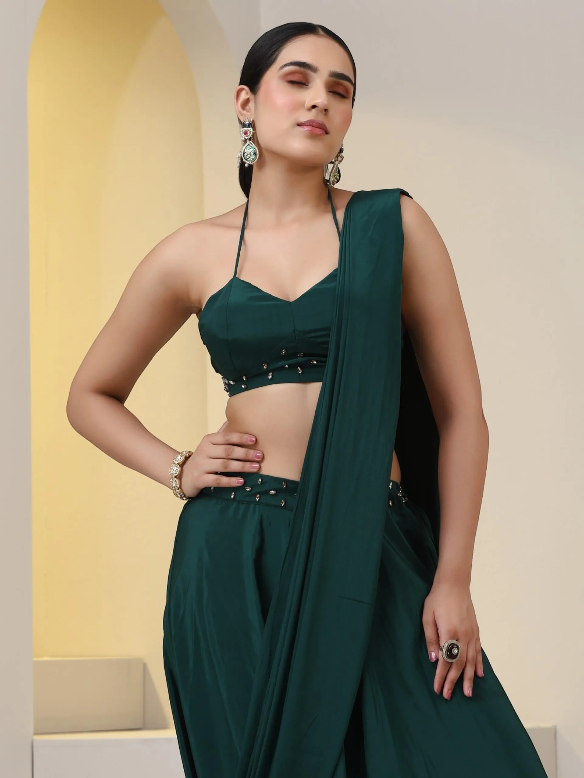 2 pc SET - Heathify Crepe Sharara Saree with Beads on Blouse Fabric and Waist Band