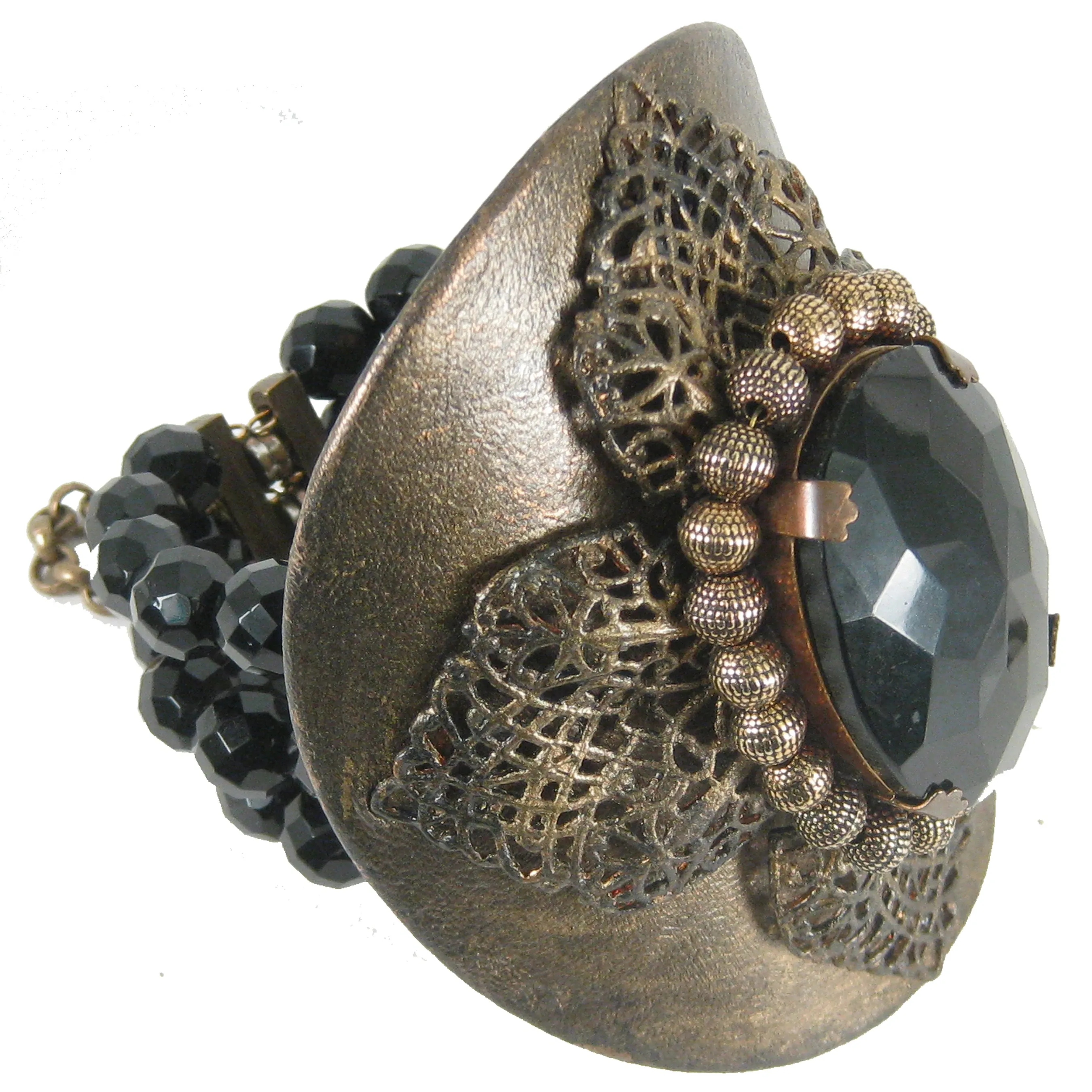 #865b Vintage Inspired Leather, Jet & Brass Filigree Cuff Bracelet