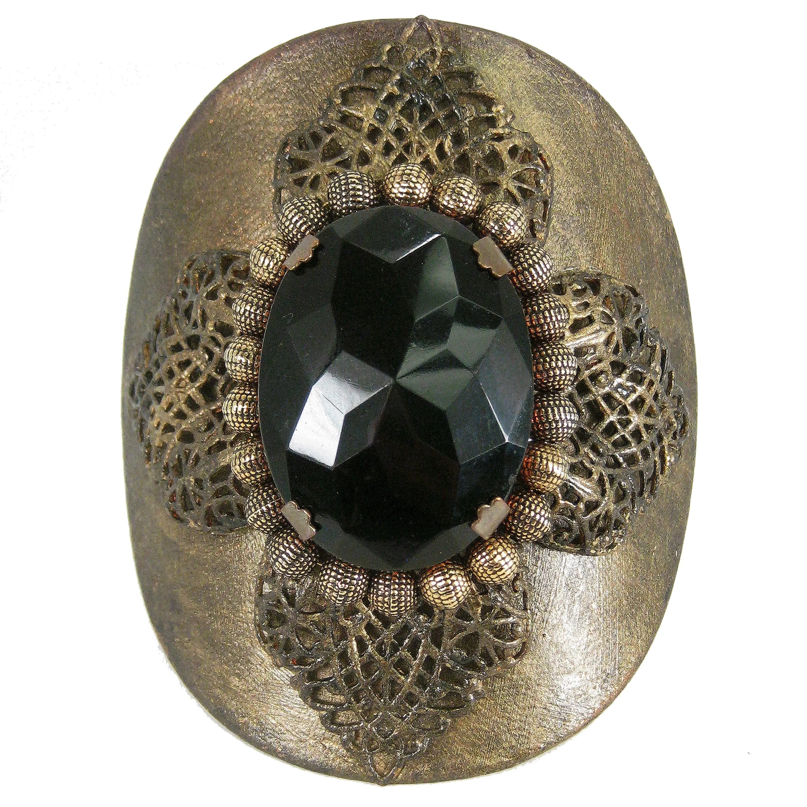 #865b Vintage Inspired Leather, Jet & Brass Filigree Cuff Bracelet