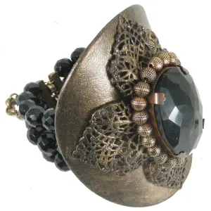 #865b Vintage Inspired Leather, Jet & Brass Filigree Cuff Bracelet