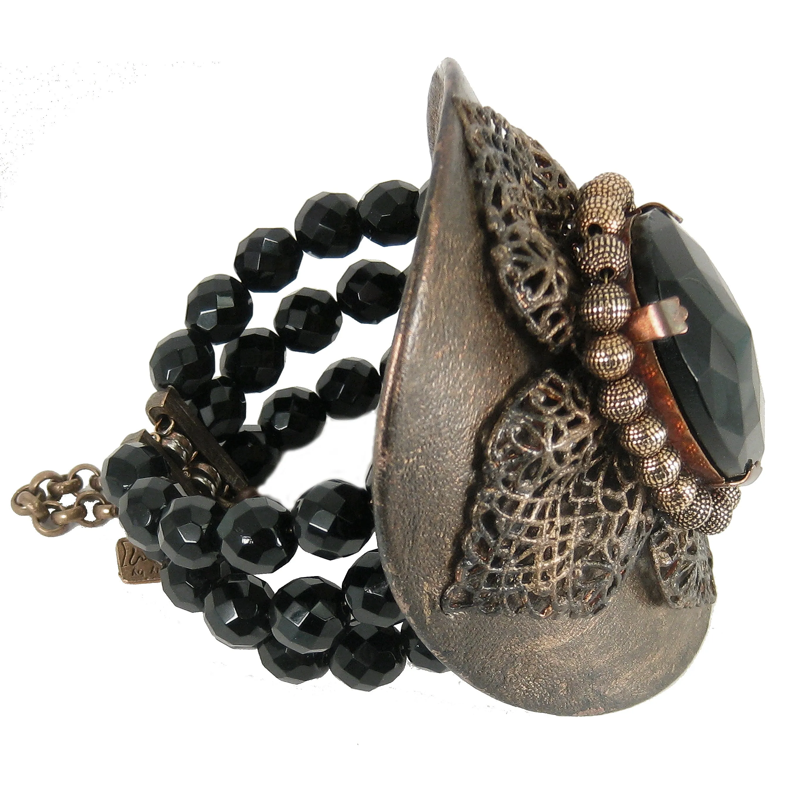 #865b Vintage Inspired Leather, Jet & Brass Filigree Cuff Bracelet