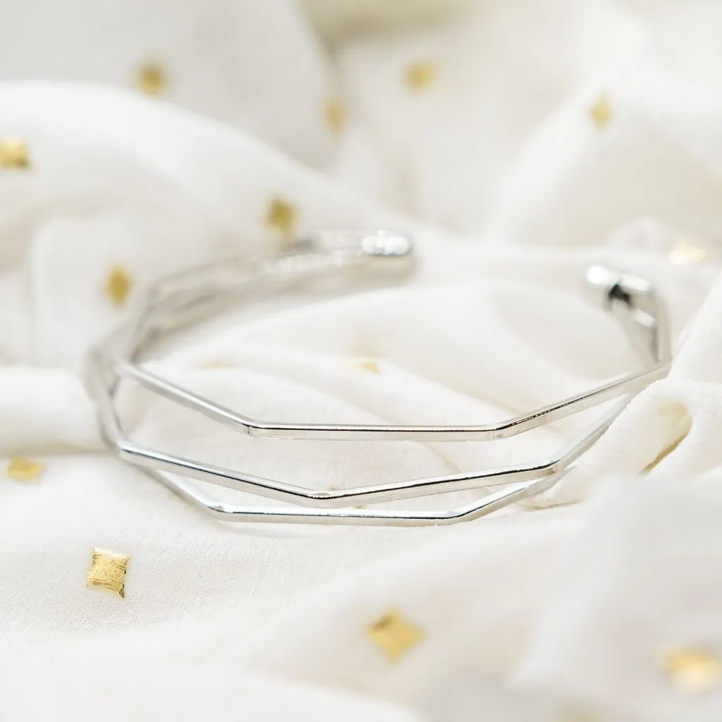 Adjustable Three Layer Silver Twist Angle Geometric Open Cuff Bangle Bracelet