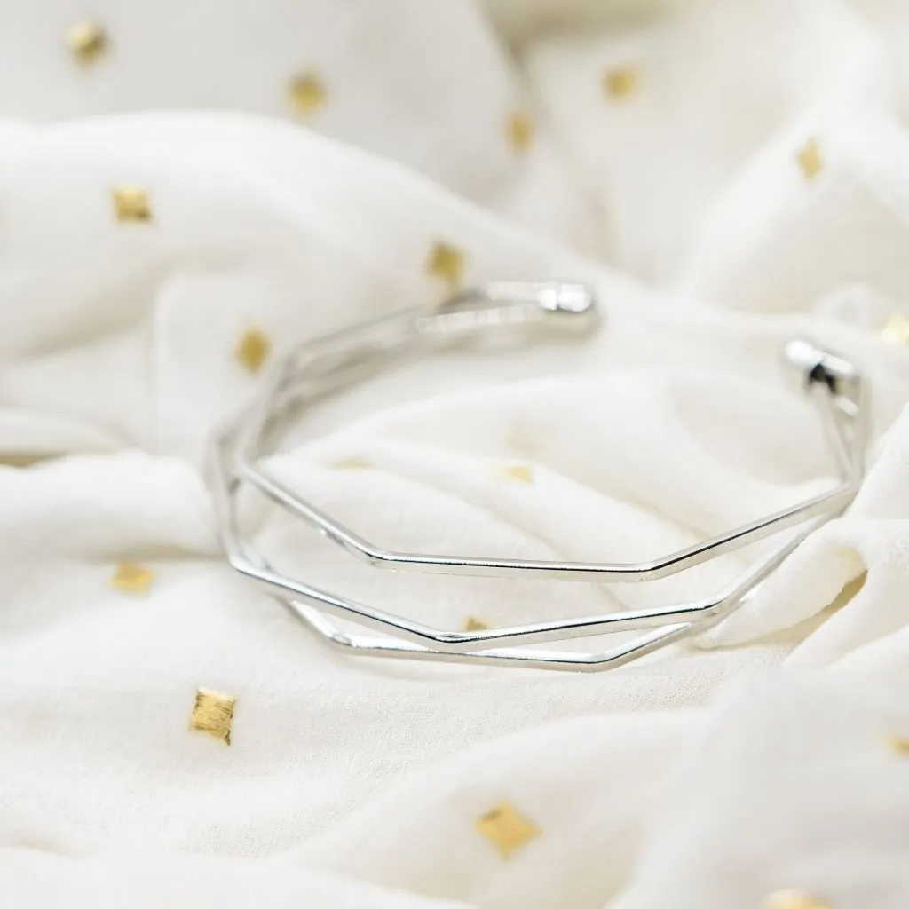 Adjustable Three Layer Silver Twist Angle Geometric Open Cuff Bangle Bracelet