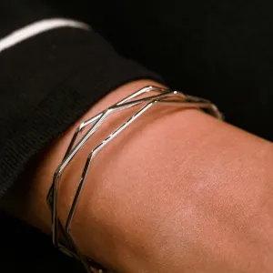 Adjustable Three Layer Silver Twist Angle Geometric Open Cuff Bangle Bracelet