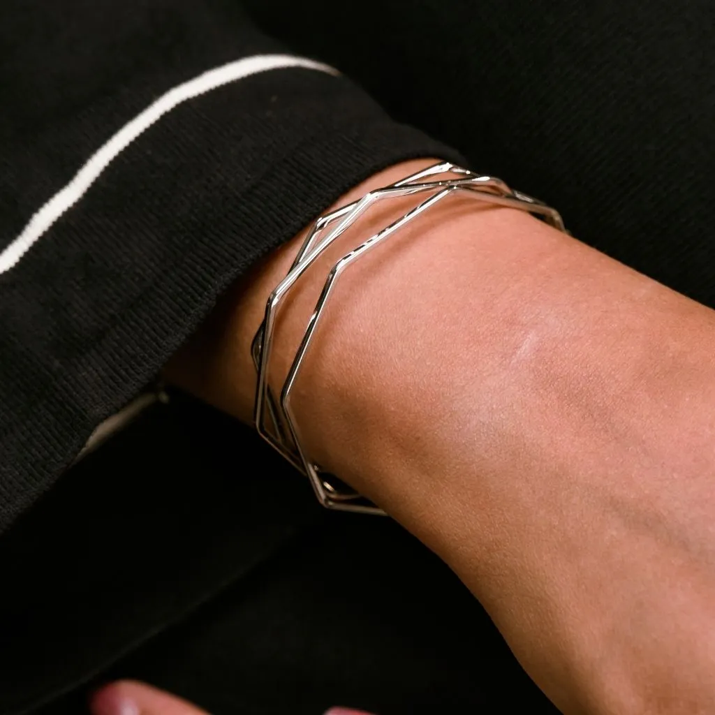 Adjustable Three Layer Silver Twist Angle Geometric Open Cuff Bangle Bracelet