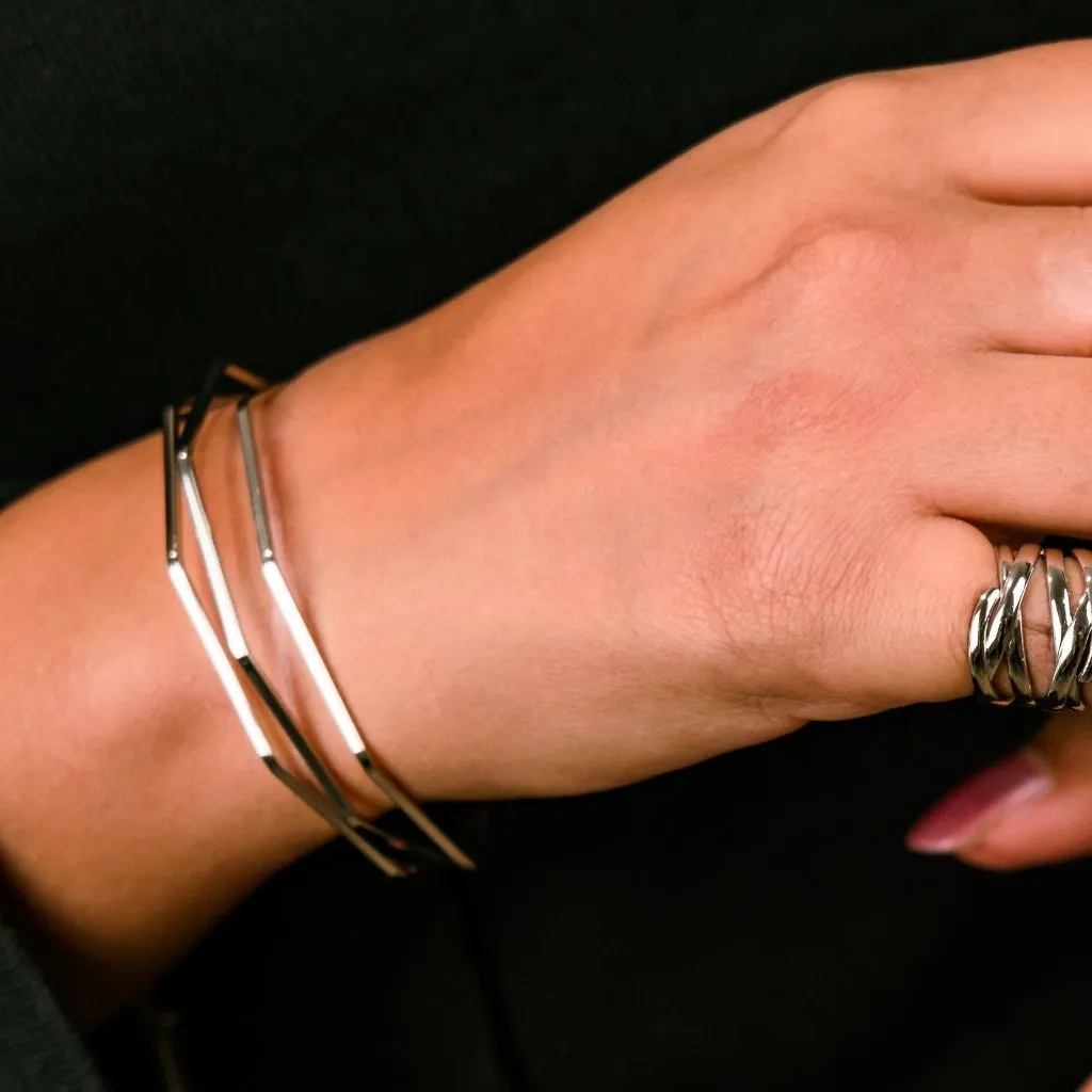 Adjustable Three Layer Silver Twist Angle Geometric Open Cuff Bangle Bracelet