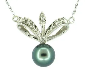 Antique Diamond Set Black Pearl Drop Lavalier Necklace in 14 Karat White Gold