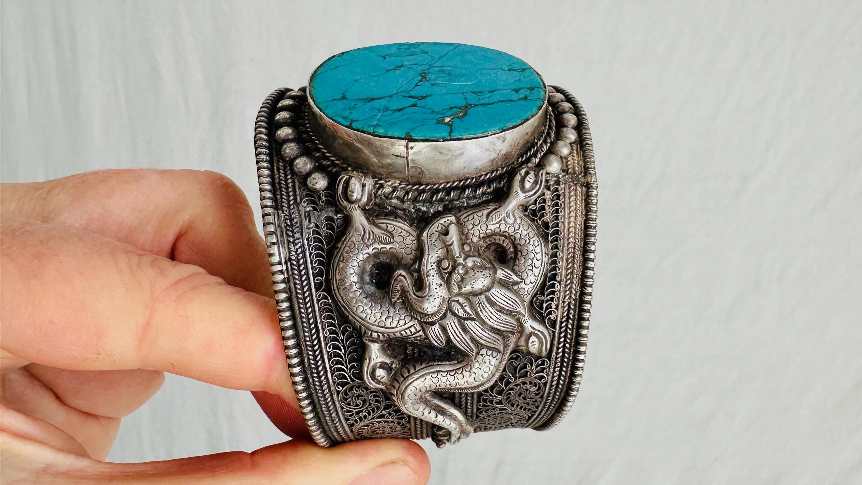 Antique Tibetan Turquoise Cuff Bracelet. Dragons and Filigree. Beautiful Piece!