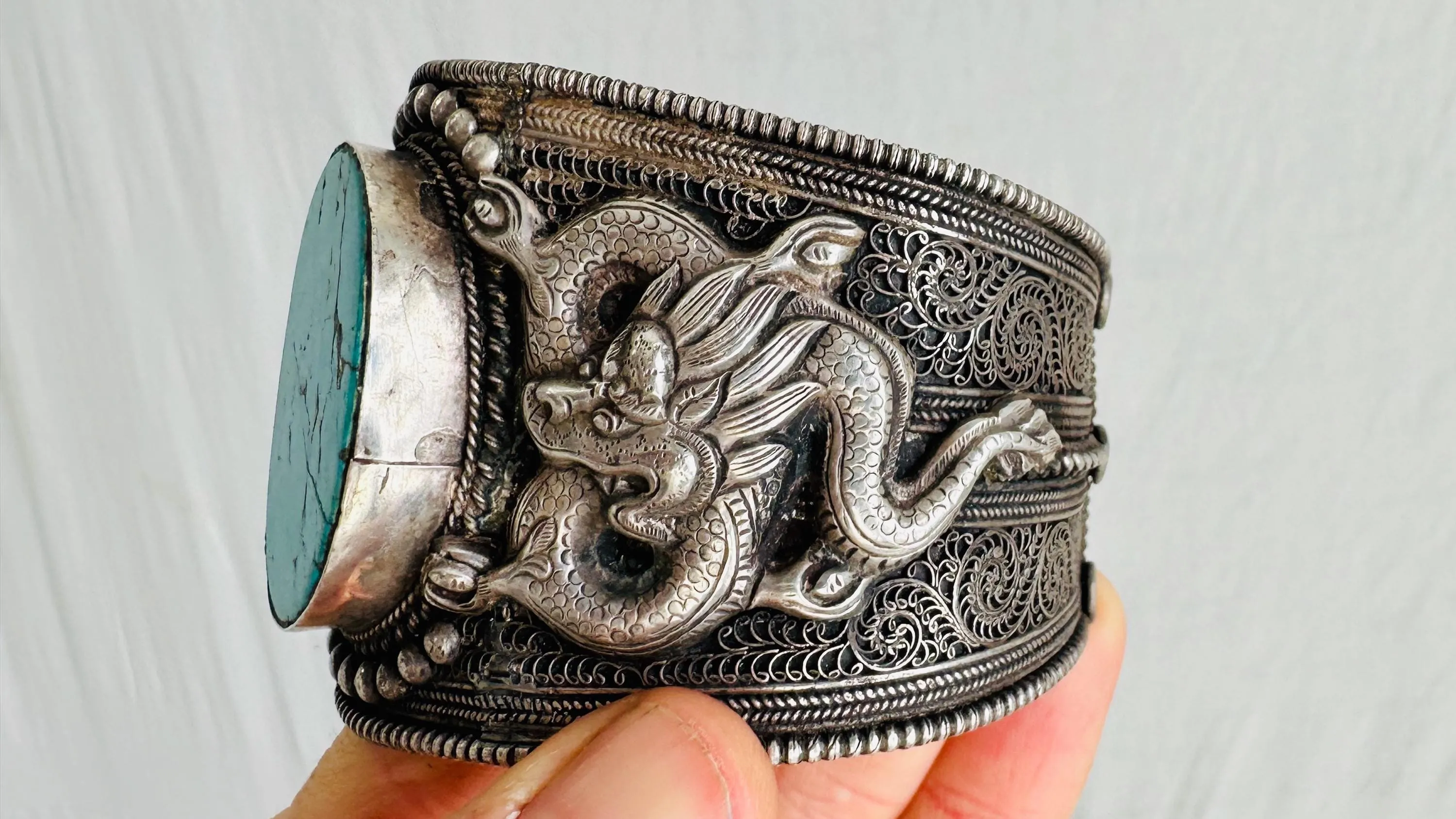 Antique Tibetan Turquoise Cuff Bracelet. Dragons and Filigree. Beautiful Piece!