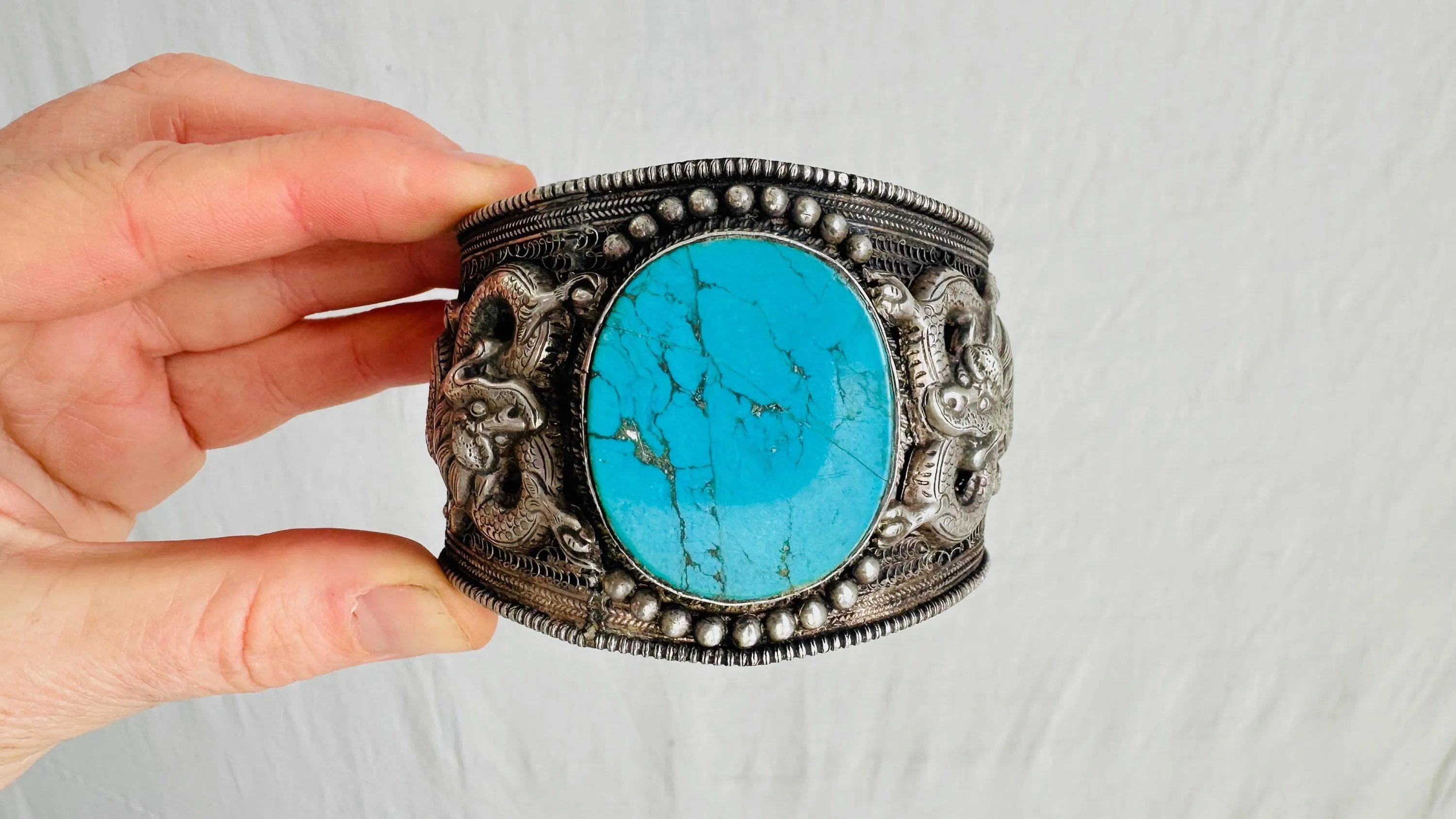 Antique Tibetan Turquoise Cuff Bracelet. Dragons and Filigree. Beautiful Piece!