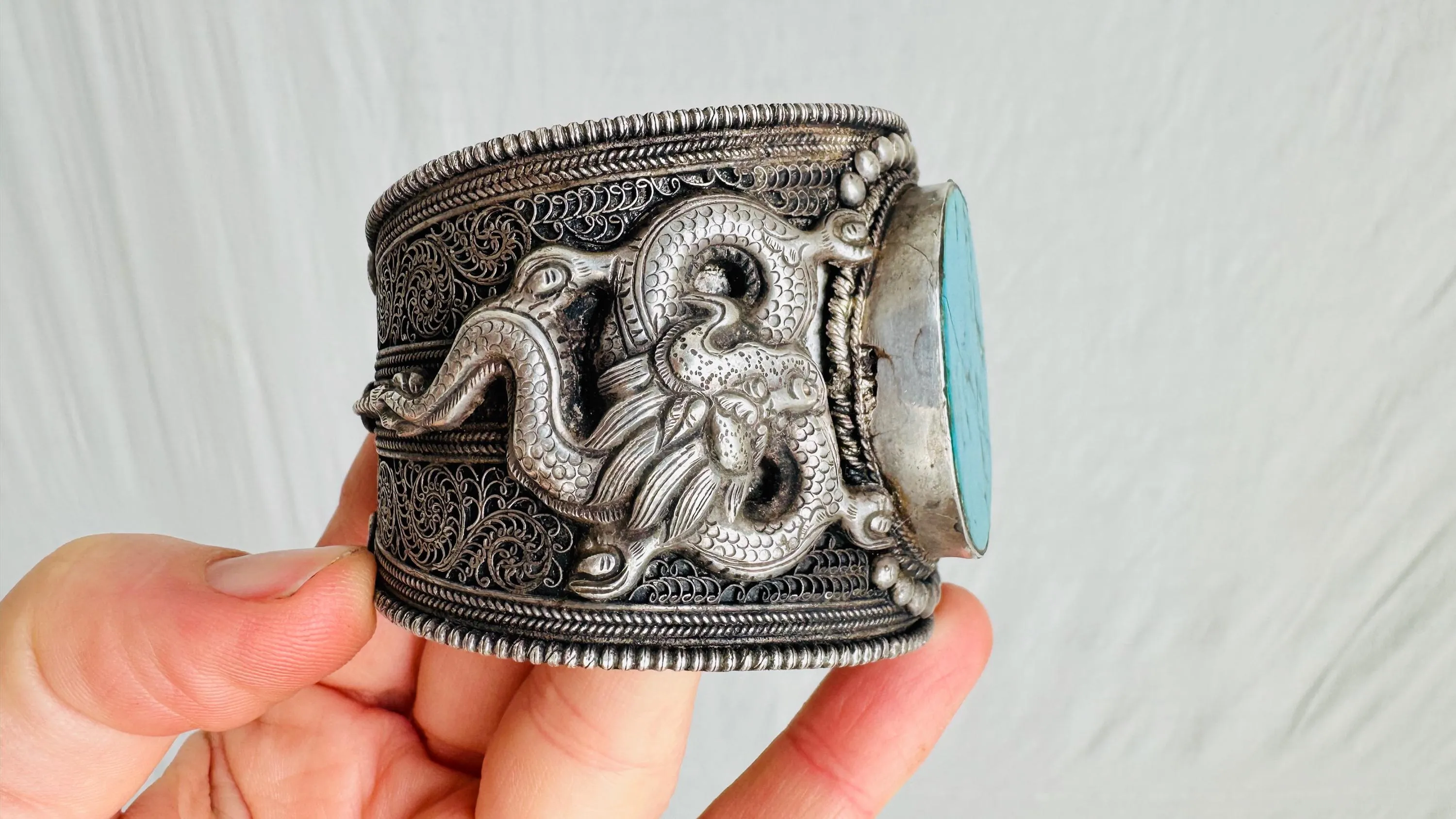 Antique Tibetan Turquoise Cuff Bracelet. Dragons and Filigree. Beautiful Piece!