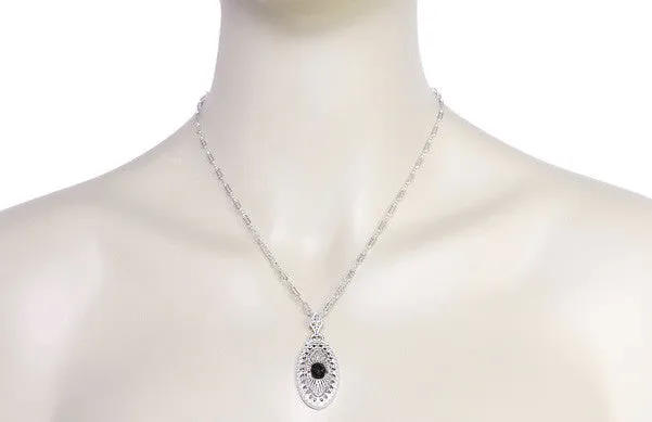 Art Deco Black Onyx Filigree Oval Pendant Necklace in Sterling Silver
