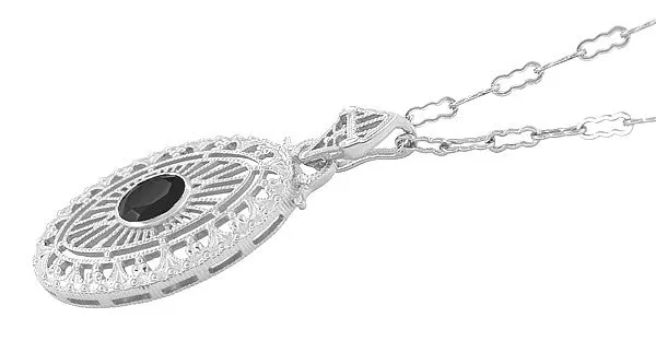 Art Deco Black Onyx Filigree Oval Pendant Necklace in Sterling Silver